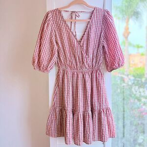 MANGO Vichy Red Gingham Mini Dress with Puff Sleeves & Tiered Skirt size XS
